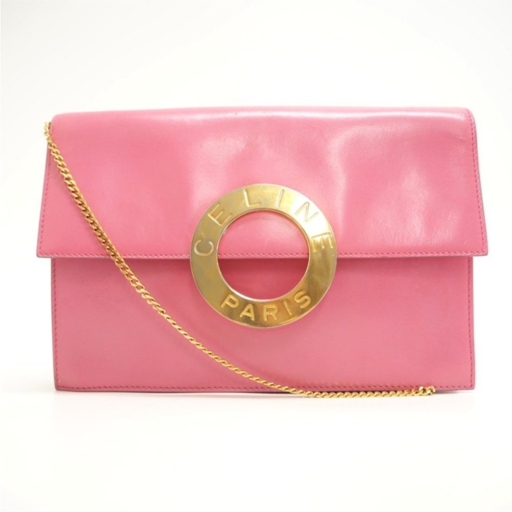 CELINE Circle Logo Chain Shoulder Bag Pink Women's